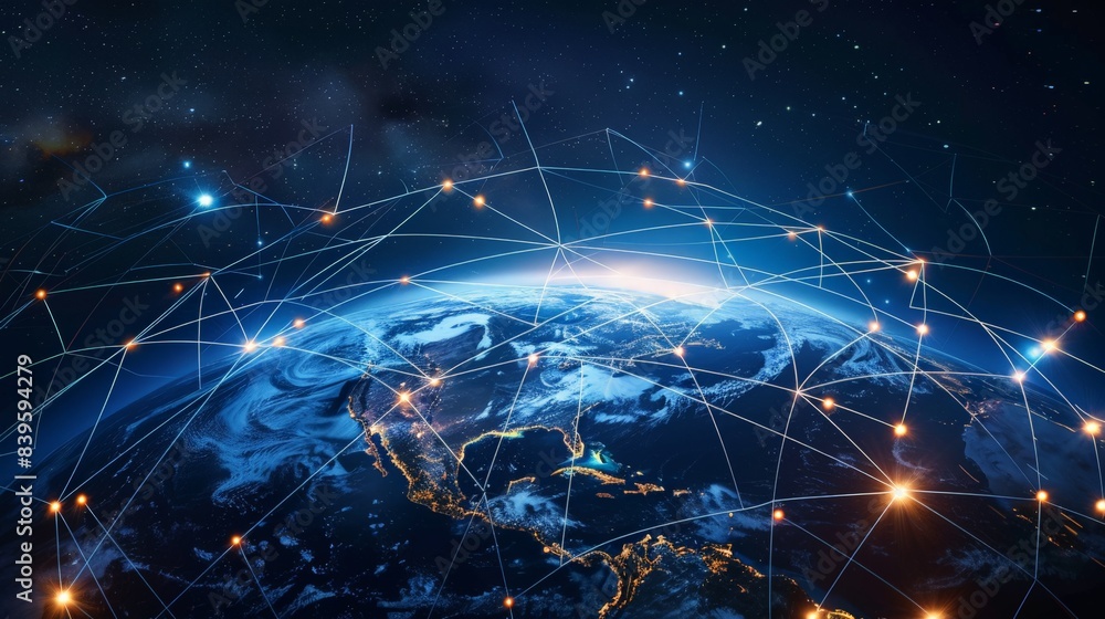 Poster Digital network around Earth from space with glowing nodes and connections. Represents global communication and technology themes