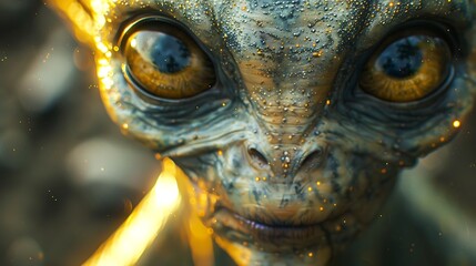 stunning closeup of alien smooth shimmering skin large reflective eyes capturing the essence of an extraterrestrial being The background is a starry cosmic expanse emphasizing its otherworldly origin