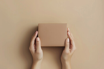 Woman hands holding brown ecological package box made of natural corrugated cardboard. Mockup parcel box on ivory background. Top view. Packaging, shopping, delivery concept