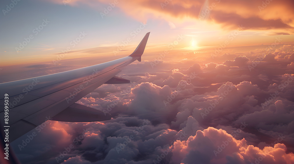 Poster sunset view from airplane wing. generative by ai
