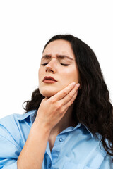 Tooth Ache Before Visit Dentist. Suffering Young Woman With Painful Toothache On White Background. Attractive Girl with Toothache Touches Her Cheek And Feel Pain in Her Teeth.