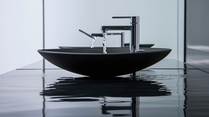 minimalist high-end black washbasin sink with chrome silver fixtures
