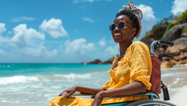 Joyful African American Woman in Wheelchair Enjoying Beach. - Powered by Adobe