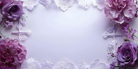 Watercolor Baptism invitations with vintage rose lace frame and holy cross design. Concept Watercolor, Baptism invitations, Vintage rose lace frame, Holy cross design