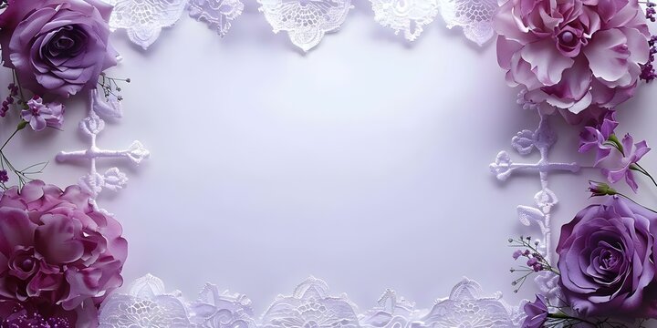 Watercolor Baptism invitations with vintage rose lace frame and holy cross design. Concept Watercolor, Baptism invitations, Vintage rose lace frame, Holy cross design