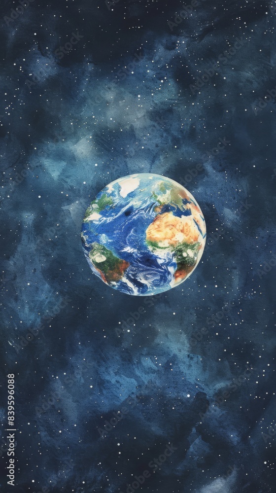 Poster artistic depiction of earth floating in space surrounded by stars. symbol of global connection and p