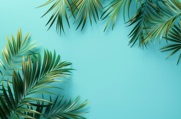 3D render of palm leaves on a blue background, summer wallpaper template for banner design