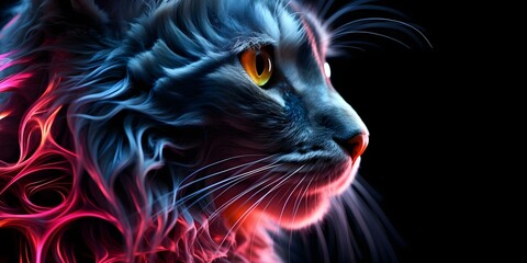 4k Abstract Neon Cat Digital Wallpaper on Black Background. Concept Digital Art, Neon Colors, Abstract Design, Cat Theme, Wallpaper