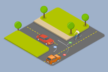 3D Isometric Flat Vector Illustration of Giving a Way to an Oncoming Cyclist, Traffic Regulation Rules And Tips
