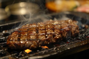 Grilling a beef steak in a grill , barbeque , BBQ , sizzling