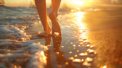 Woman walking on beach at sunset. Generative by AI