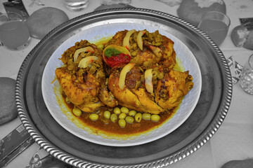Moroccan chicken dish with preserved lemon and olives.