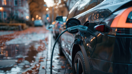 Naklejka premium EV charging on a wet city street