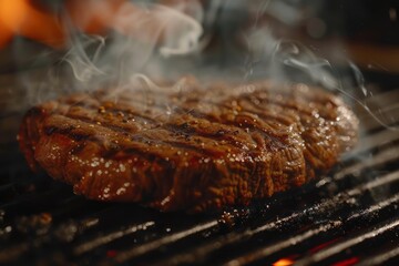 Grilling a beef steak in a grill , barbeque , BBQ , sizzling