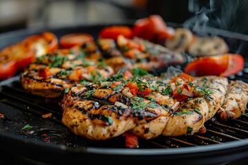 Grilling a chicken steak in a grill , barbeque , BBQ , sizzling