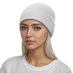 An image of a Woman with White Beanie Hat Mockup isolated on a white background