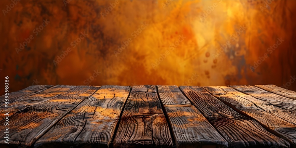 Poster displaying products on a wooden table against an orange field backdrop. concept product display, woo