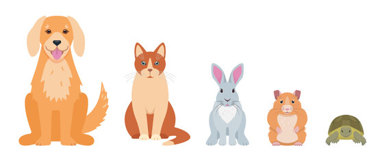 Set of happy pets. Dog, cat, rabbit, hamster and turtle home domestic animals. Vector icons illustration isolated on white background.