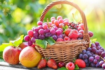 Rustic fruit basket presentation on a wooden table for a fresh and natural display