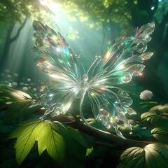An entrancing picture of a fragile glass crystal butterfly, its iridescent light dazzling the surroundings. 
