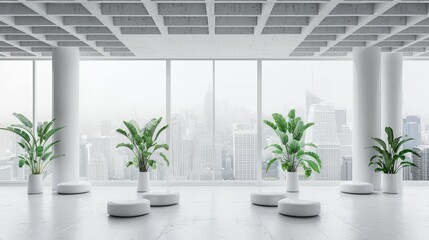 White futuristic office interior with panoramic windows and concrete floor, white curved seating for plants