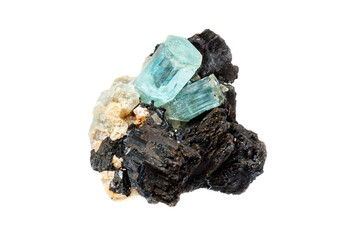 Aquamarine mineral stone and black tourmaline, Schorl on a white background close up