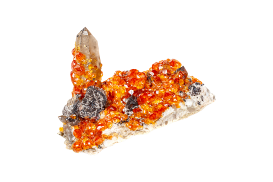 Spessartine mineral stone, orange, red garnet with quartz on white background close-up
