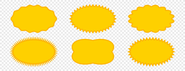 Vector illustration of a yellow star-shaped price tag or quality mark sticker with a promotional sale stars or sunburst label icon. It serves as a blank design template