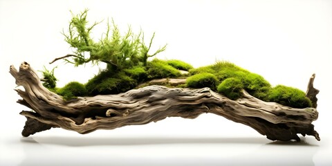 Tranquil and isolated view of floating driftwood with green moss against white background. Concept Nature Photography, Driftwood, Green Moss, Serenity, White Background