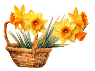 Set of daffodil flower yellow color Watercolor in the baskets, spring collection of hand drawn flowers , Botanical plant illustration , elegant watercolor ,white background