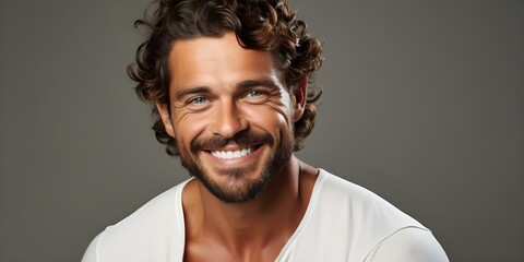 Obraz premium Portrait of a male model smiling in a studio setting. Concept Studio Portrait, Male Model, Smiling, Professional Lighting, Classic Look