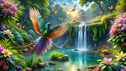 imagine a lush tropical paradise with a waterfall