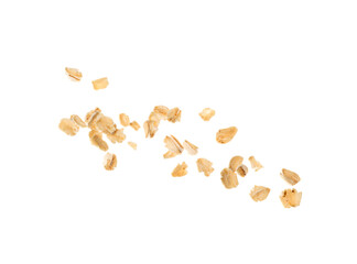 Dry Raw Oat Flakes Isolated on White Background. Rolled Flat Grains of Wheat, Bran, Barley, Rye Cereals