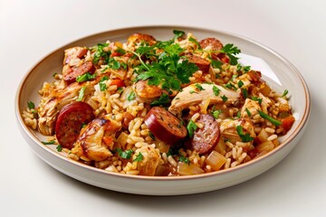 Fototapeta premium Cajun Chicken and Sausage Jambalaya: A Luscious Accompaniment of Long-Grain Rice and Protein