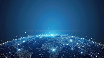 Abstract global network and connectivity concept, digital world with glowing connections on blue background.