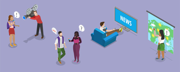 3D Isometric Flat Vector Illustration of Mass Media, TV Breaking News