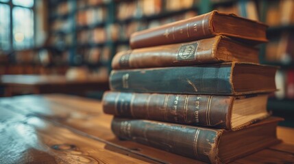 vintage hardcover books stacked on wooden shelf library and literature concept still life