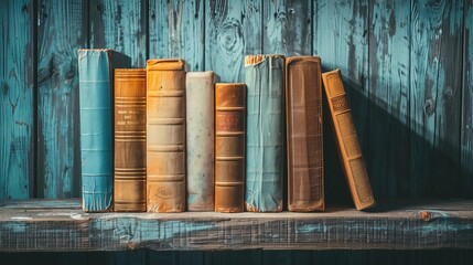 vintage hardcover books stacked on wooden shelf library and literature concept still life