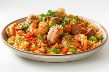 Fototapeta premium Delicious Cajun Jambalaya with Sausage, Chicken, and Shrimp