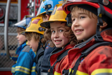 Children wearing firefighting gear pose with excitement, embodying youthful dreams of heroism.