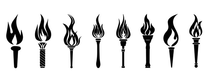 Olympic torch set. Vector isolated burning torches flames. The symbol of victory, success or achievement. World Games. 