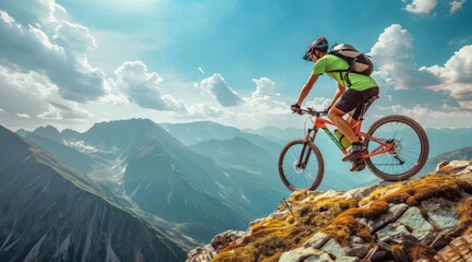 Fototapeta premium A cyclist riding on top of the mountain in an off-road style, wearing a helmet and shorts with a green shirt and black shoes