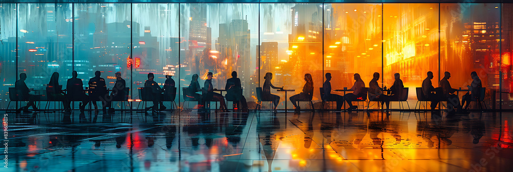 Poster abstract depiction of business strategy discussions with motion blur highlighting the dynamic and en