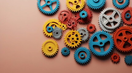 Different colored mechanical gear aligned on a flat plain colored surface, An image illustrating the concept of business agility, smart strategic planning, flexible management practices, with copy spa