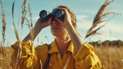 woman in yellow gazing through binoculars curious explorer in nature lifestyle
