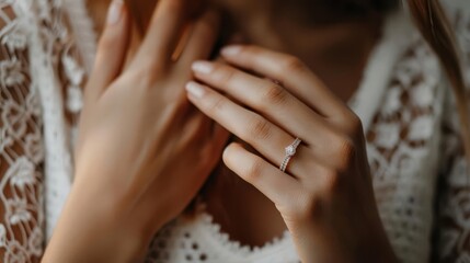 Fototapeta premium womans hand with engagement ring wedding jewelry mockup closeup product photo