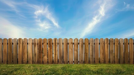 Fototapeta premium wooden fence in backyard with green lawn and blue sky outdoor home improvement photography