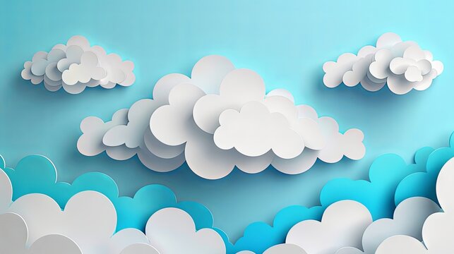 Clouds on blue sky banner. White cloud on blue sky in paper cut style