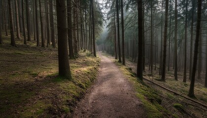 Fototapeta premium trail in foggy gloomy wet dark forest