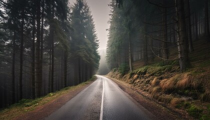 Fototapeta premium loneliness asphalt road through fog rainy forest